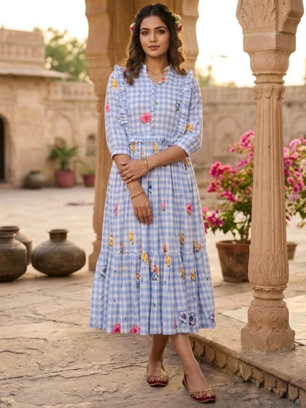 Light Blue Gingham Midi Dress with Floral Print - Picture 5 of 6